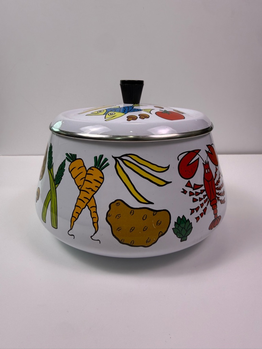 Vintage 70’s San Ignacio Enamel Fondue Pot Lid Seafood Vegetable Print No Stand - Picture 2 of 13